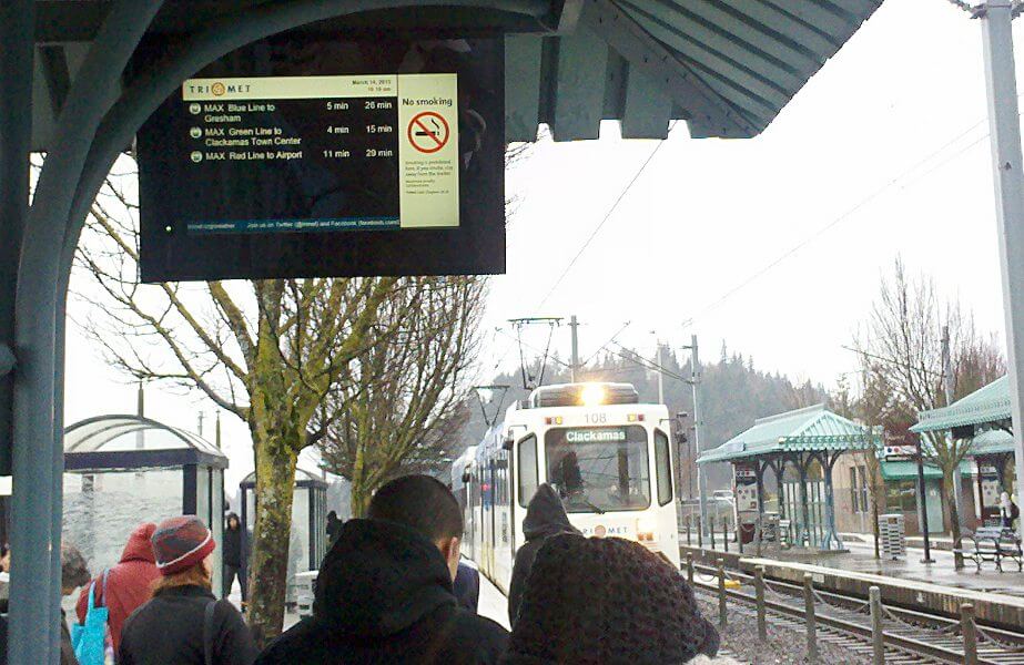 Bad timing! This train on the MAX arrived 4 minutes early (look at the LCD estimation sign and then back at the train).  When you have a train that's THIS reliable, you can expect a lot of people to be encouraged to be riding it. Right? Anyone?