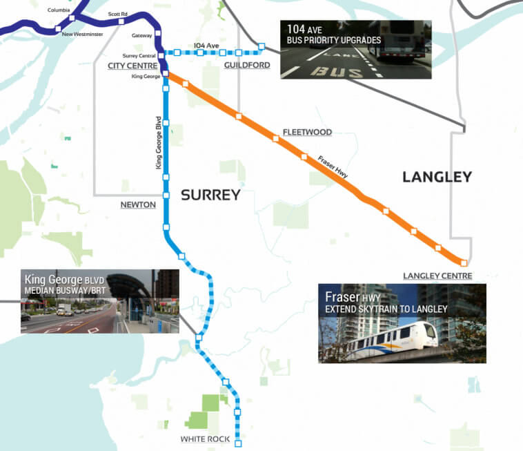 Our vision: bus priority upgrades on 104 Ave, a median busway/BRT on King George Blvd, and a SkyTrain extension to Langley.