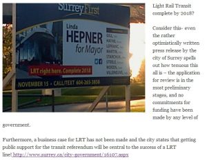 Above: Excerpt from Laila Yuile’s “No Strings Attached” outlining issues with Surrey First’s “LRT complete 2018” claim. Full read: lailayuile.com/2014/11/13/countdown-to-surrey-votes-2014