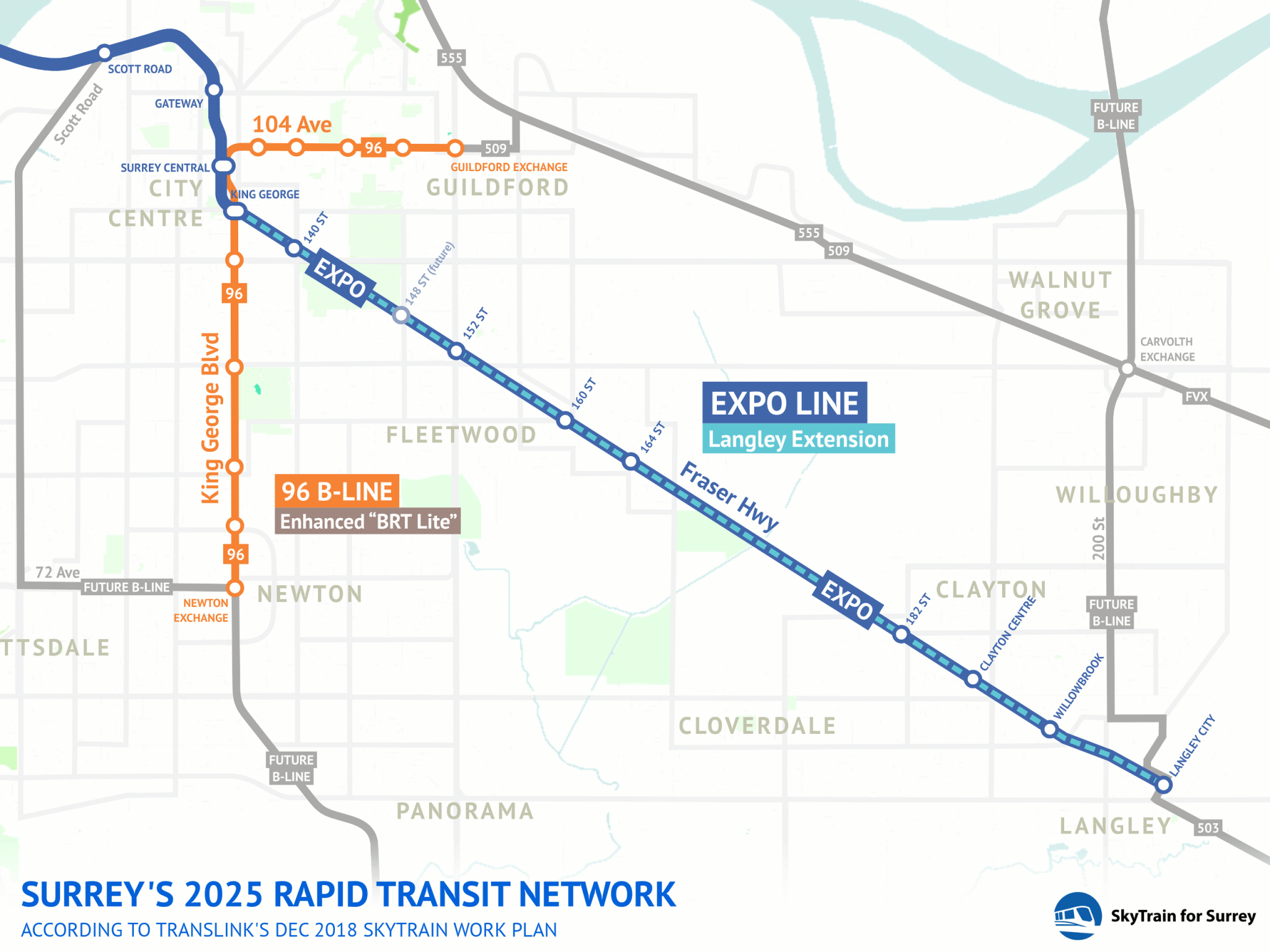 Surrey SkyTrain 2019 map SkyTrain for Surrey, not LRT!