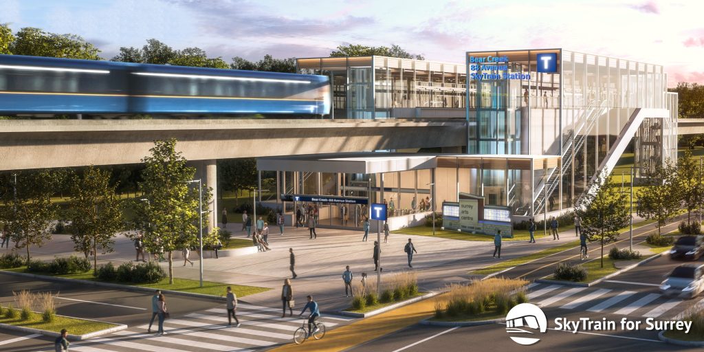 Concept render of future SkyTrain station at King George Boulevard and 88 Ave in Surrey. Prepared by the SkyTrain for Surrey team.