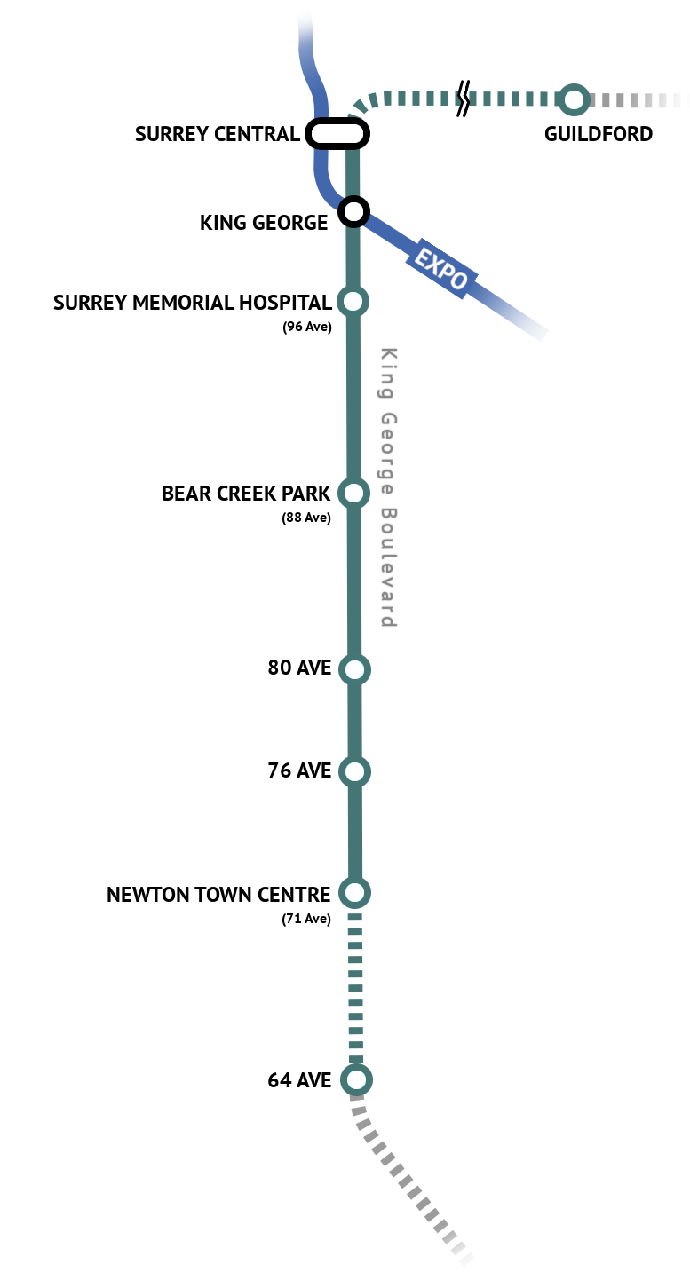 King George Boulevard SkyTrain concept - Alternative 2: Standalone SkyTrain line map