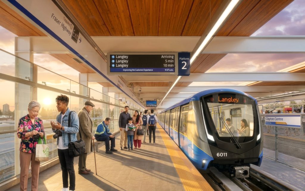 Concept render of Surrey Langley SkyTrain at Clayton Station (190 Street) showing a Mark V SkyTrain - 2026